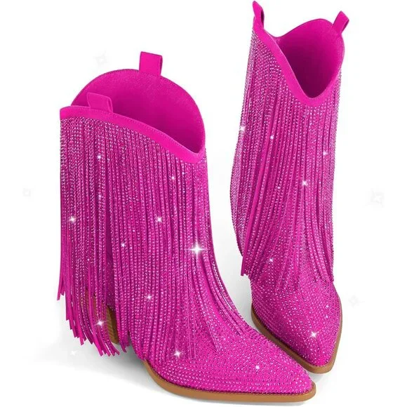 Women's Pink Cowgirl Rhinestone Wide Calf Pointed Toe Chunky Stylish Heel Boot - Picture 6 of 6